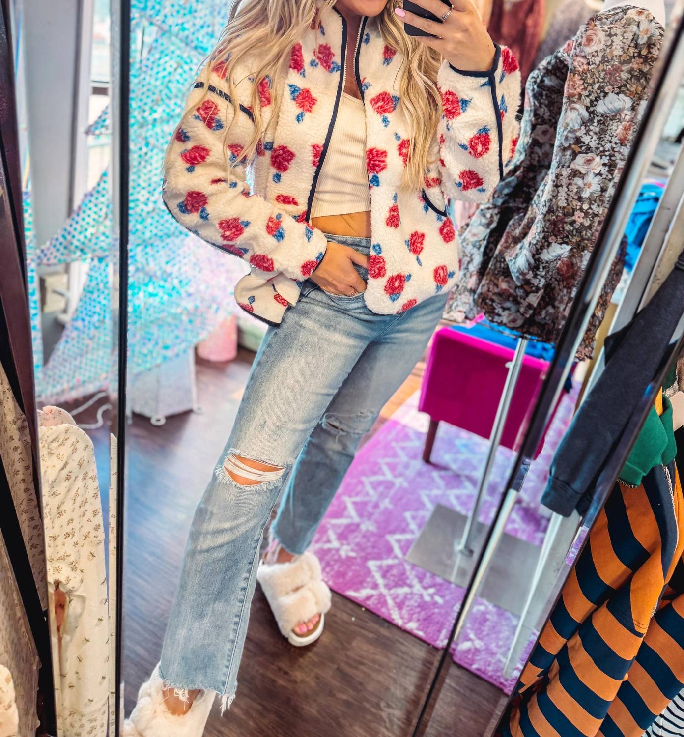 Very J - Oversized Floral Printed Fleece Sherpa Jacket
