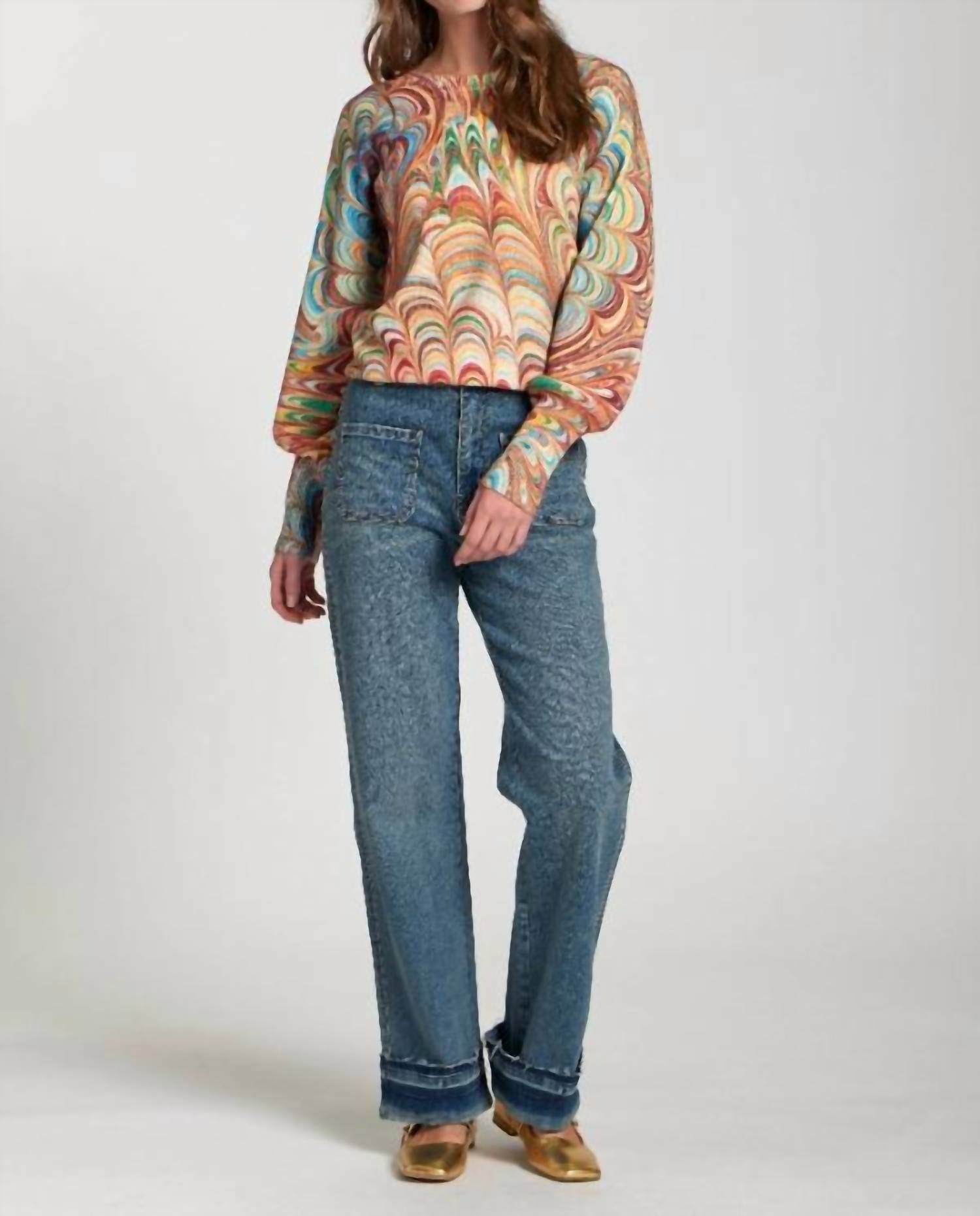 Apny - Abstract Marble Printed Puff Sleeve Pullover Top