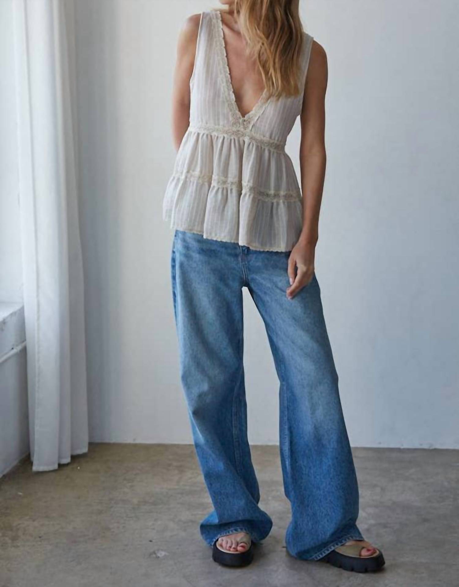 By Together - Striped Plunged V-neck Sleeveless Top