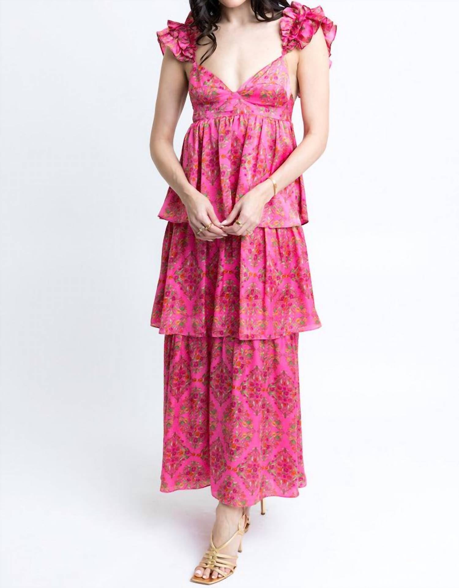Karlie - Floral Satin Ruffle Maxi Dress
