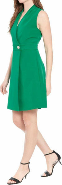 London Times - Waist Sash Brooch Button Flared Skirt Dress
