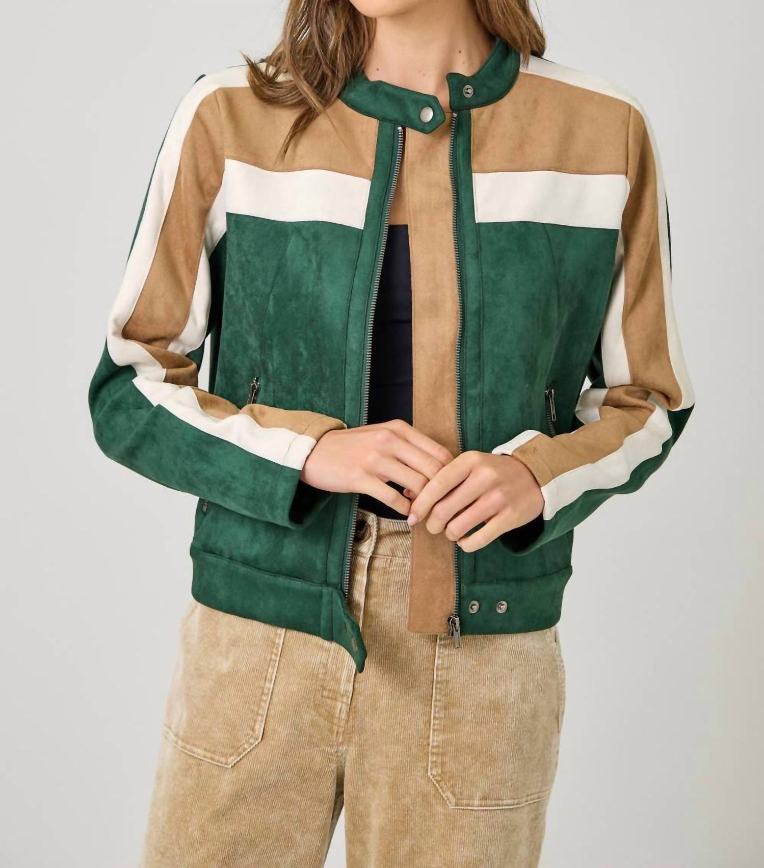 mystree Colorblock Faux Suede Racer Jacket in green mix - women's jacket