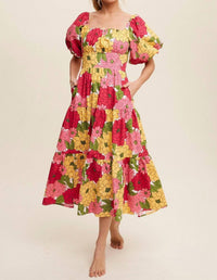 Listicle Flower Tier Midi Dress in fuchsia - women's dress