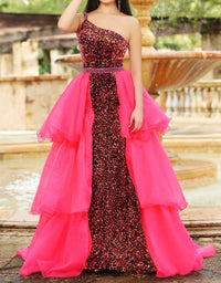 Ava Presley - Asymmetrical Sequin Gown With Multi-tiered Overlay Skirt
