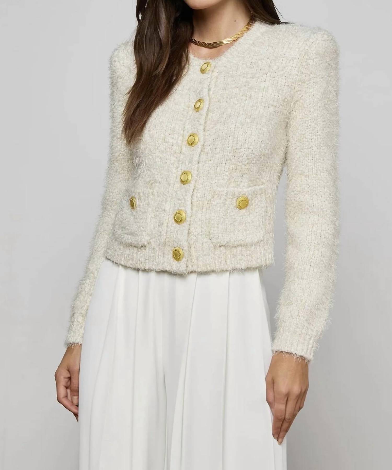 L'Agence Una Knit cardigan with Lurex in ivory - women's cardigan