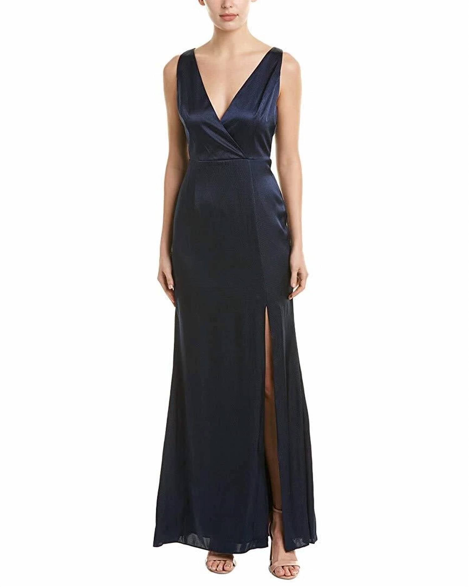 Adrianna Papell - V Neck Satin Slit Gown