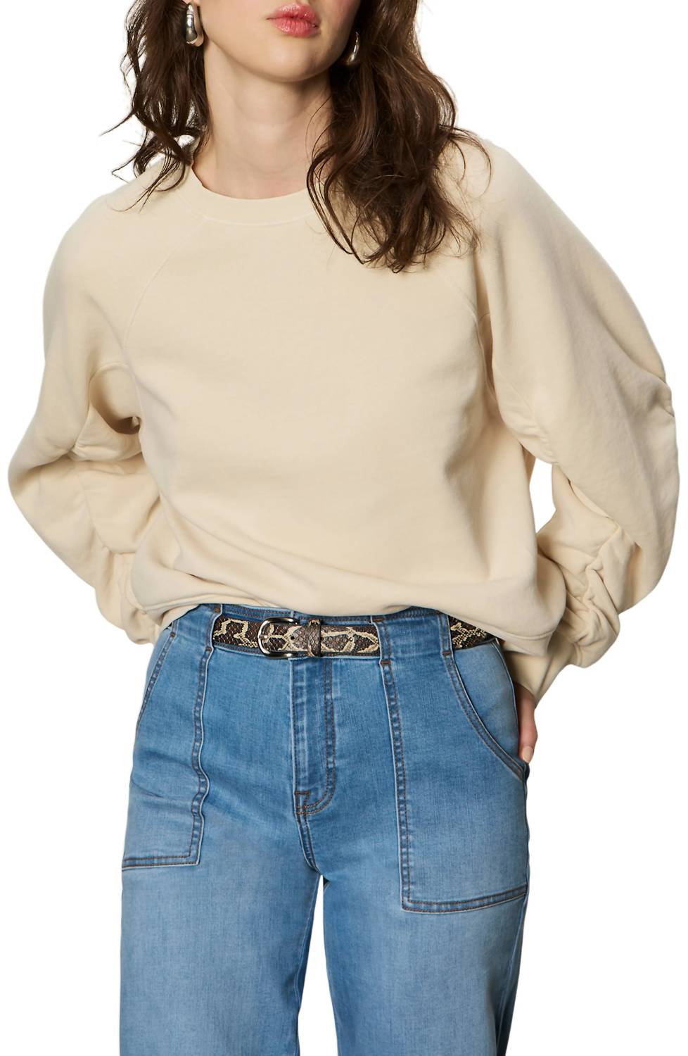 Sanctuary Shirred Sleeve Sweatshirt in vanilla cream - women's top