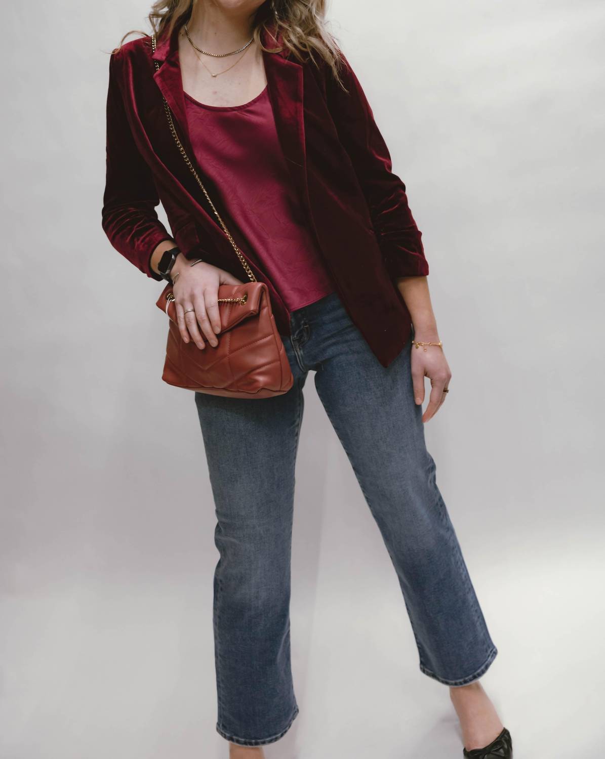SKIES ARE BLUE Velvet Crush Blazer With Bunched Sleeves in burgundy - women's jacket - detail view
