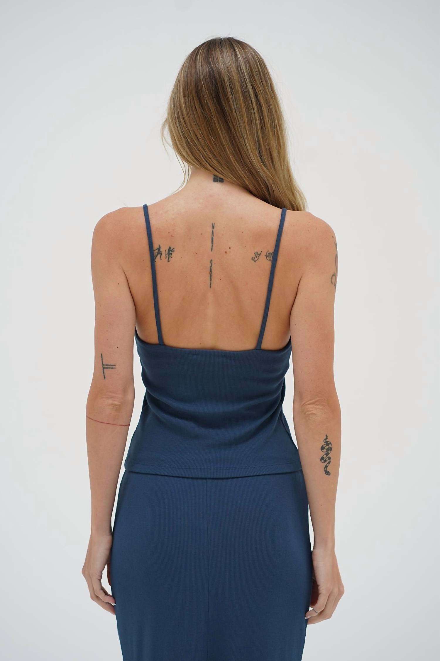 LNA Venus Ribbed Tank Top in dark denim - women's tank top - alternate view