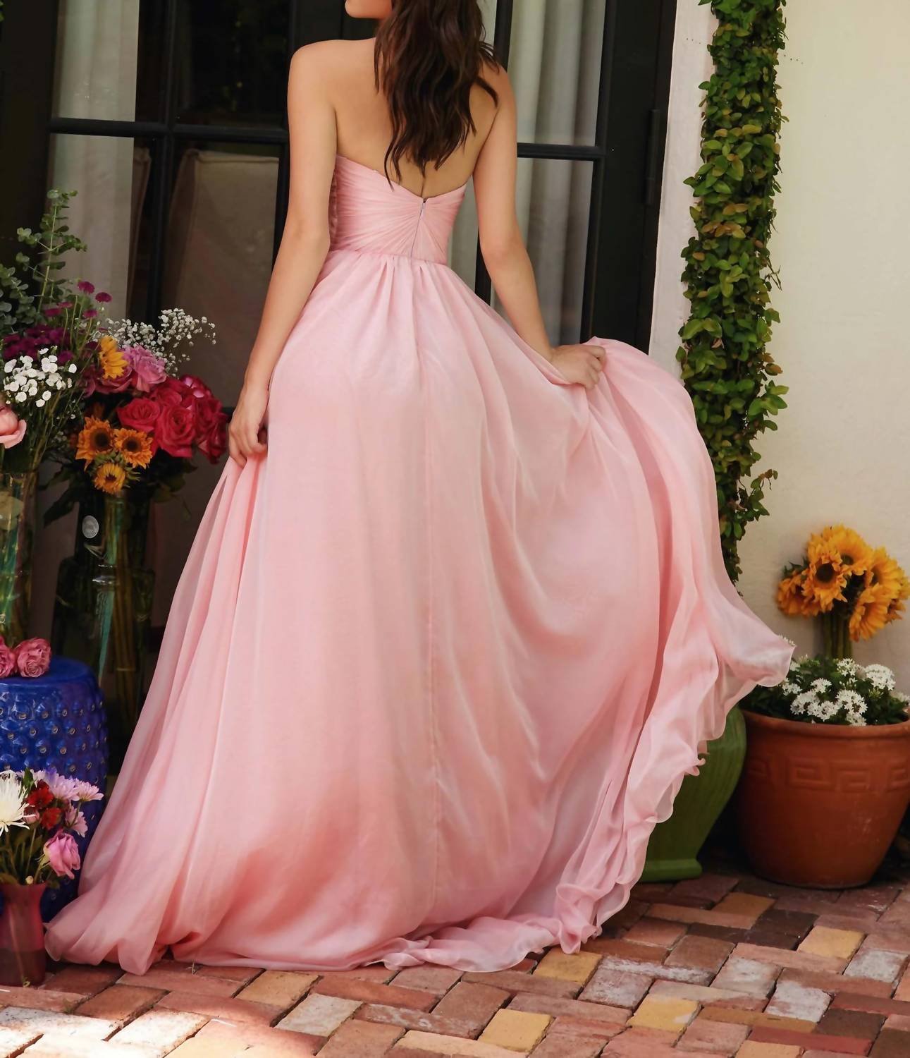 Ava Presley Strapless Long Chiffon Dress in blush - women's dress - detail view