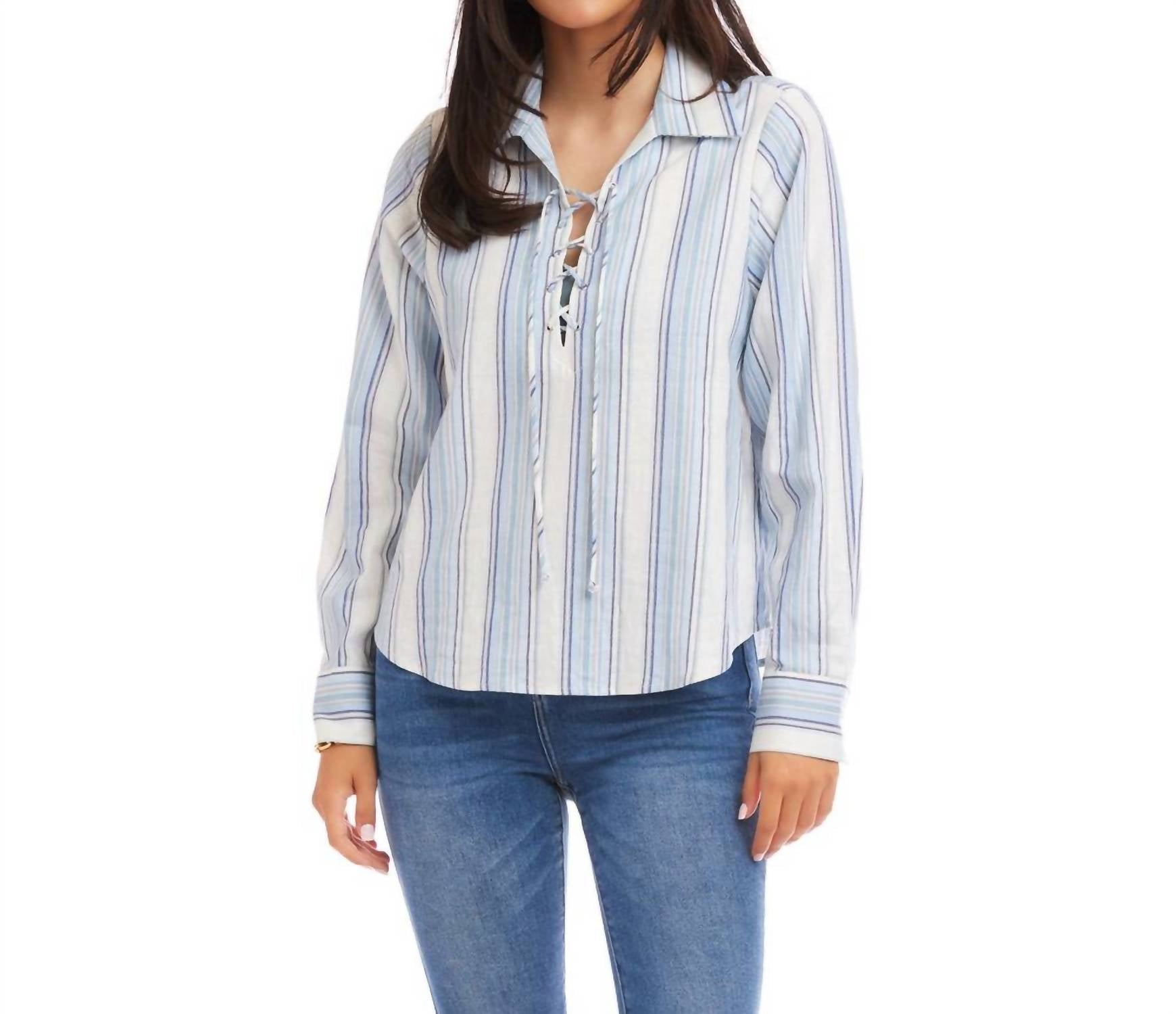 Karen Kane - Long Sleeve Eyelet Lace Up Top - Petite