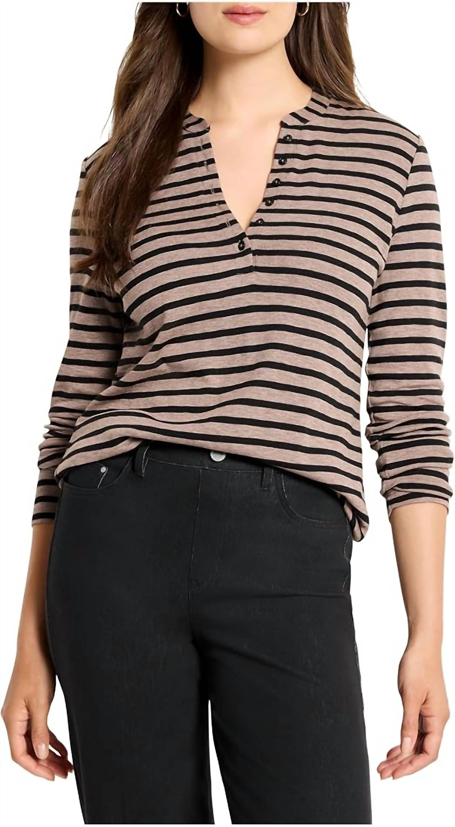 Nic + Zoe - Women's Striped Long Sleeve Henley Tee