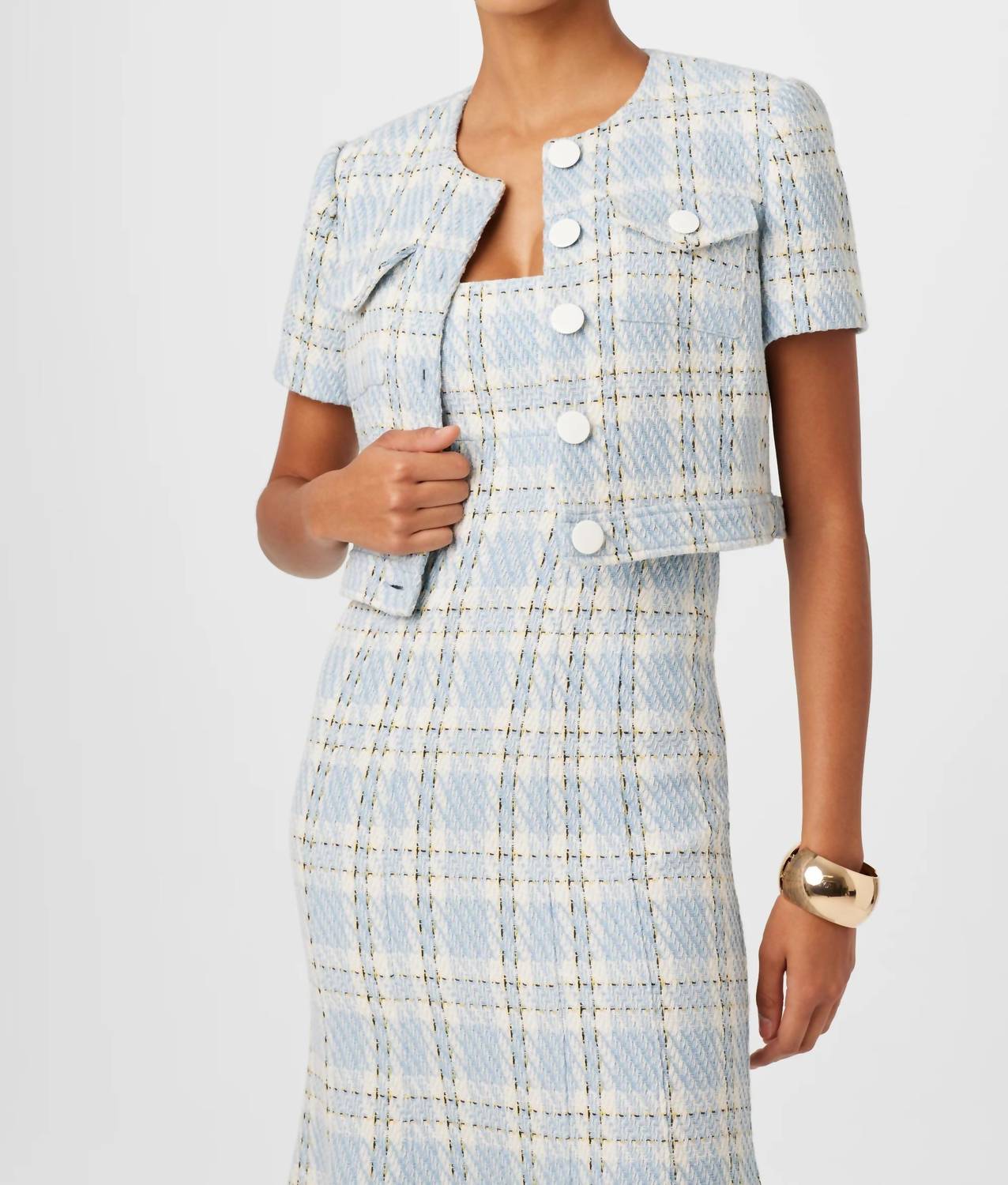 TOCCIN London Short Sleeve Crop Jacket in sky blue - women's jacket - detail view