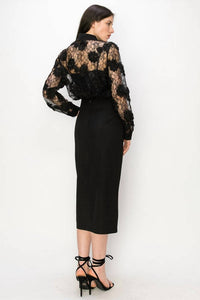 Ina Fashion - Long Sleeve 3d Floral Lace Button Front Blouse