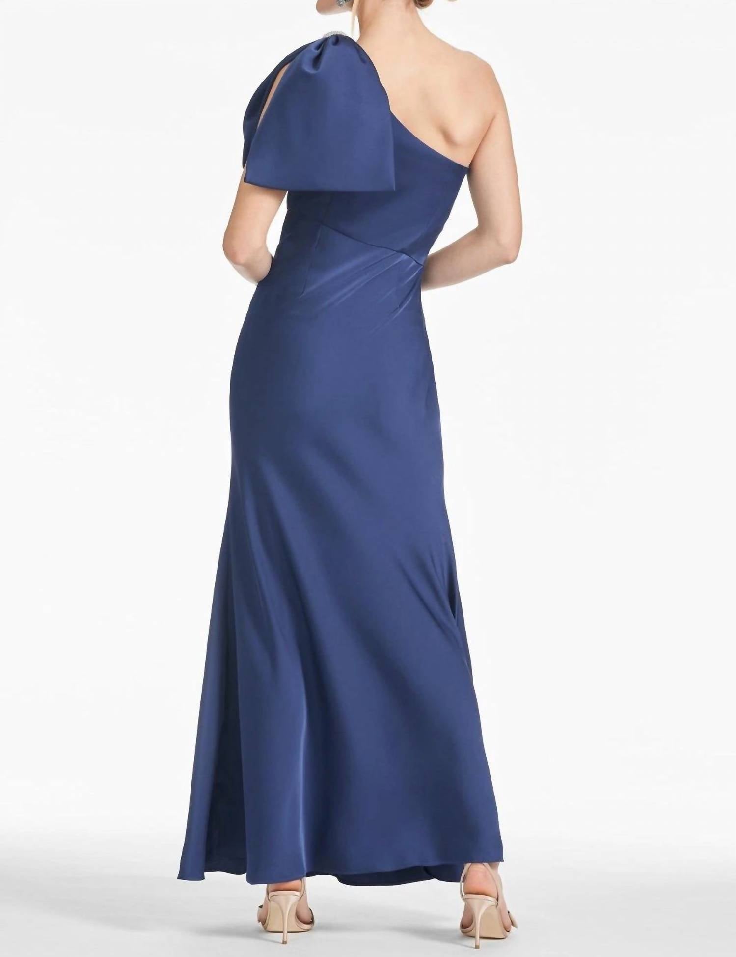SACHIN & BABI Aubrey One Shoulder Satin Gown in washed indigo - women's dress - detail view