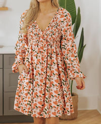 Legend Or Lies - Floral Deep V-neck Smocked Bubble Sleeve Babydoll Dress