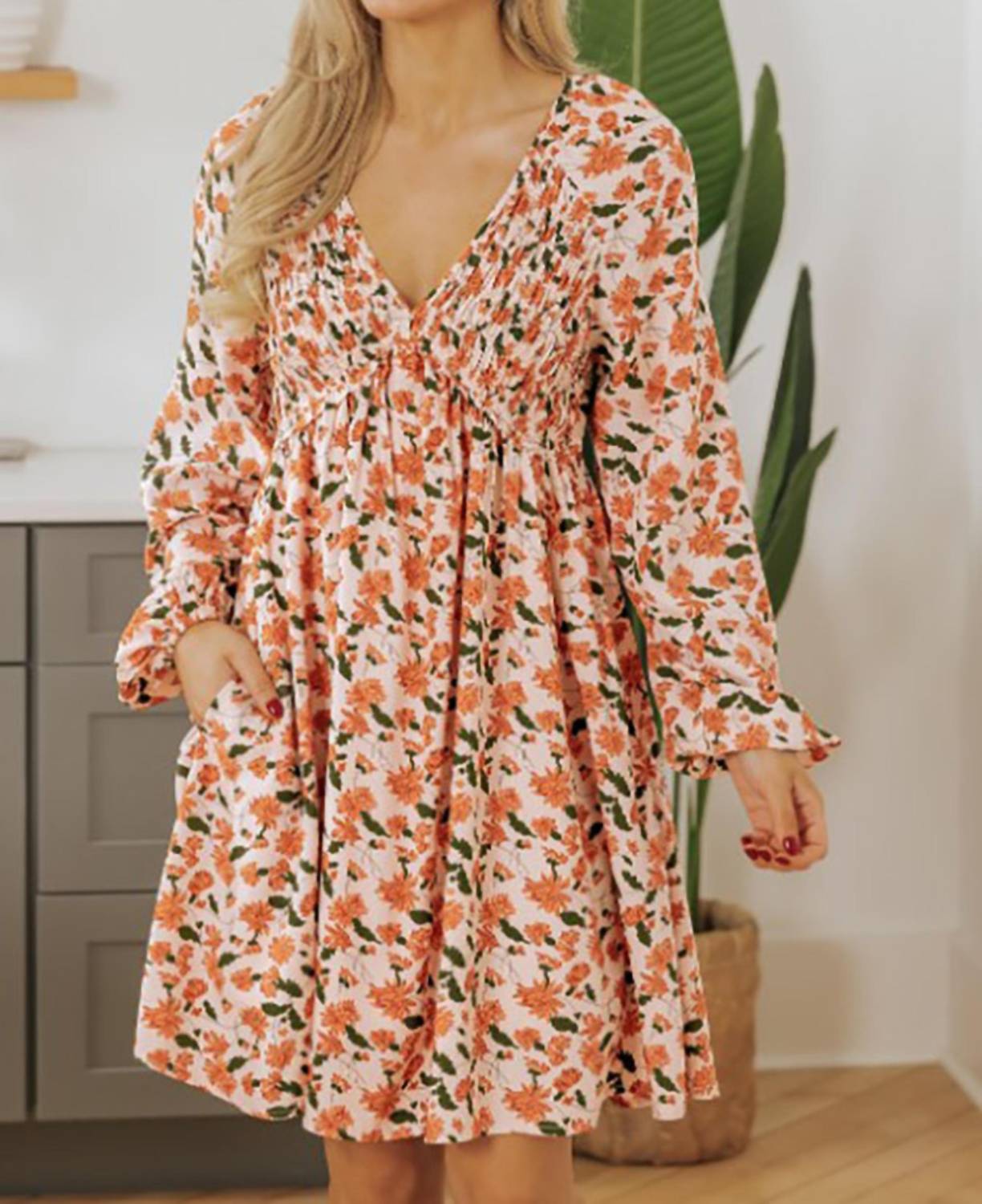 Legend Or Lies - Floral Deep V-neck Smocked Bubble Sleeve Babydoll Dress