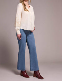 Tribal - Jaquard Appliqué Sleeve Notch Neck Blouse