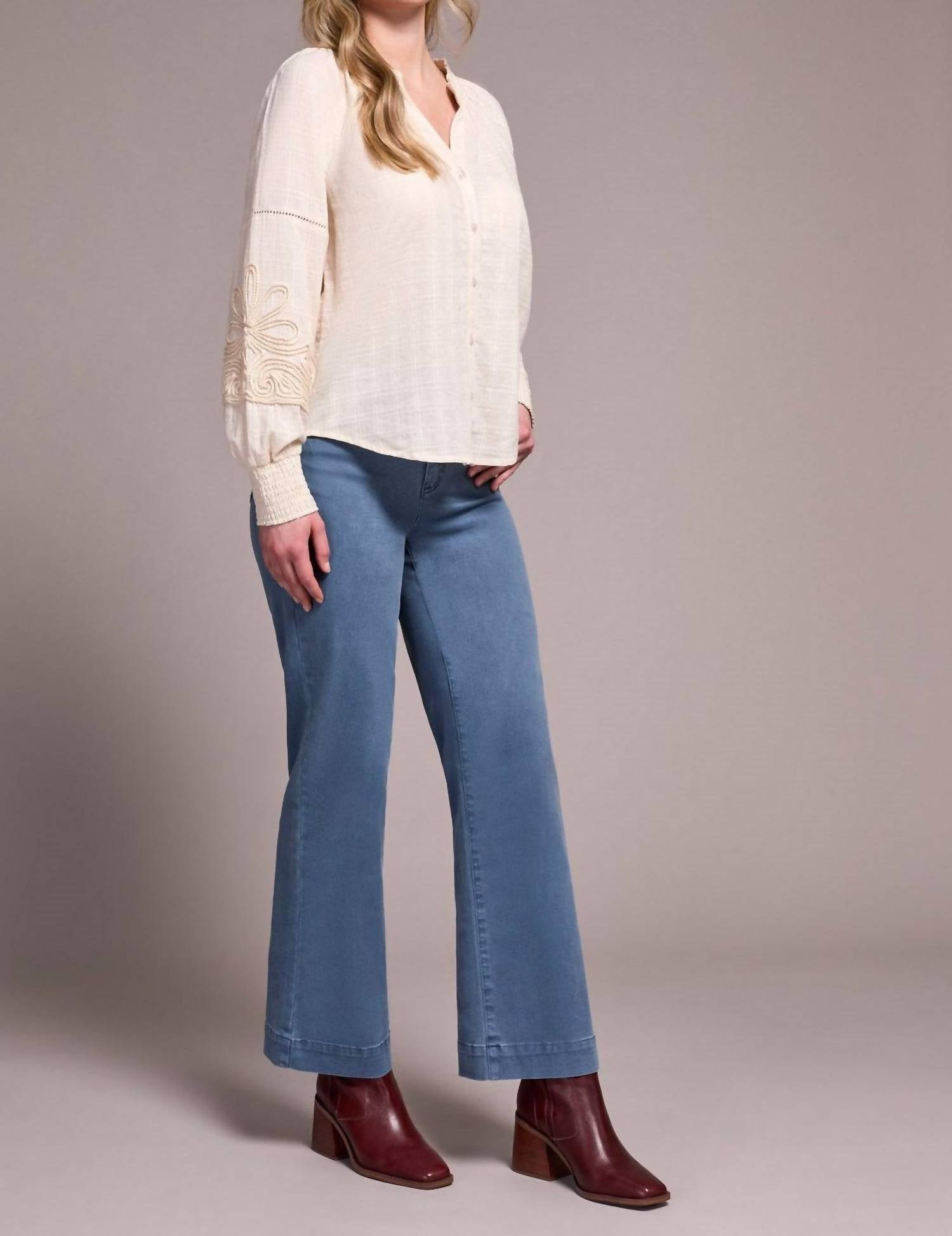 Tribal - Jaquard Appliqué Sleeve Notch Neck Blouse