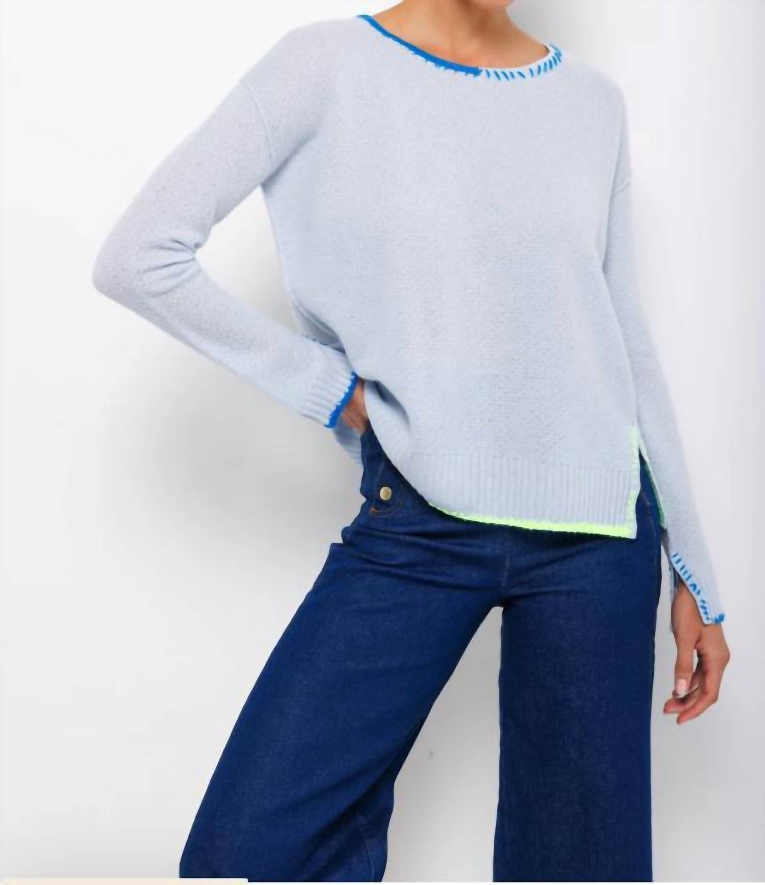 LISA TODD Emembroidered Long Sleeve Sweater in blue multi - women's sweater