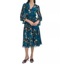 CALVIN KLEIN Printed Long-sleeve A-line Dress in teal - women's dress