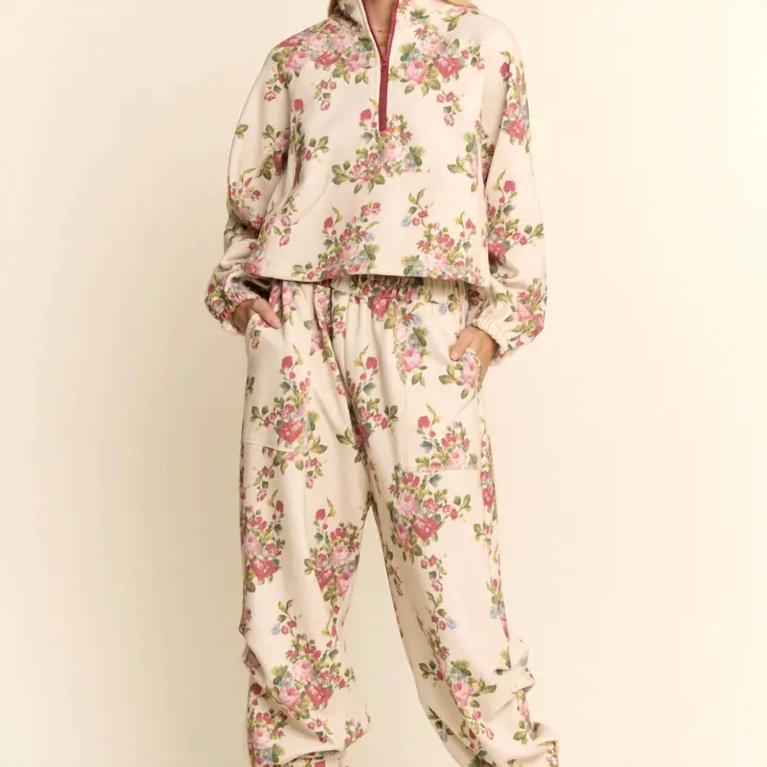 Davi & Dani - Flower Printed Half Zip Jacket