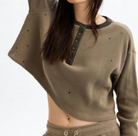 CHRLDR Juliette Stars Oversized Crop Henley Long Sleeve Top in olive - women's long sleeve top - view 4
