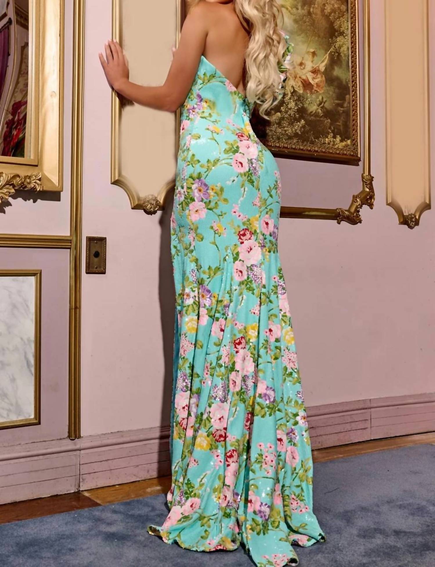 Jovani - Floral One-shoulder Gown With High Slit