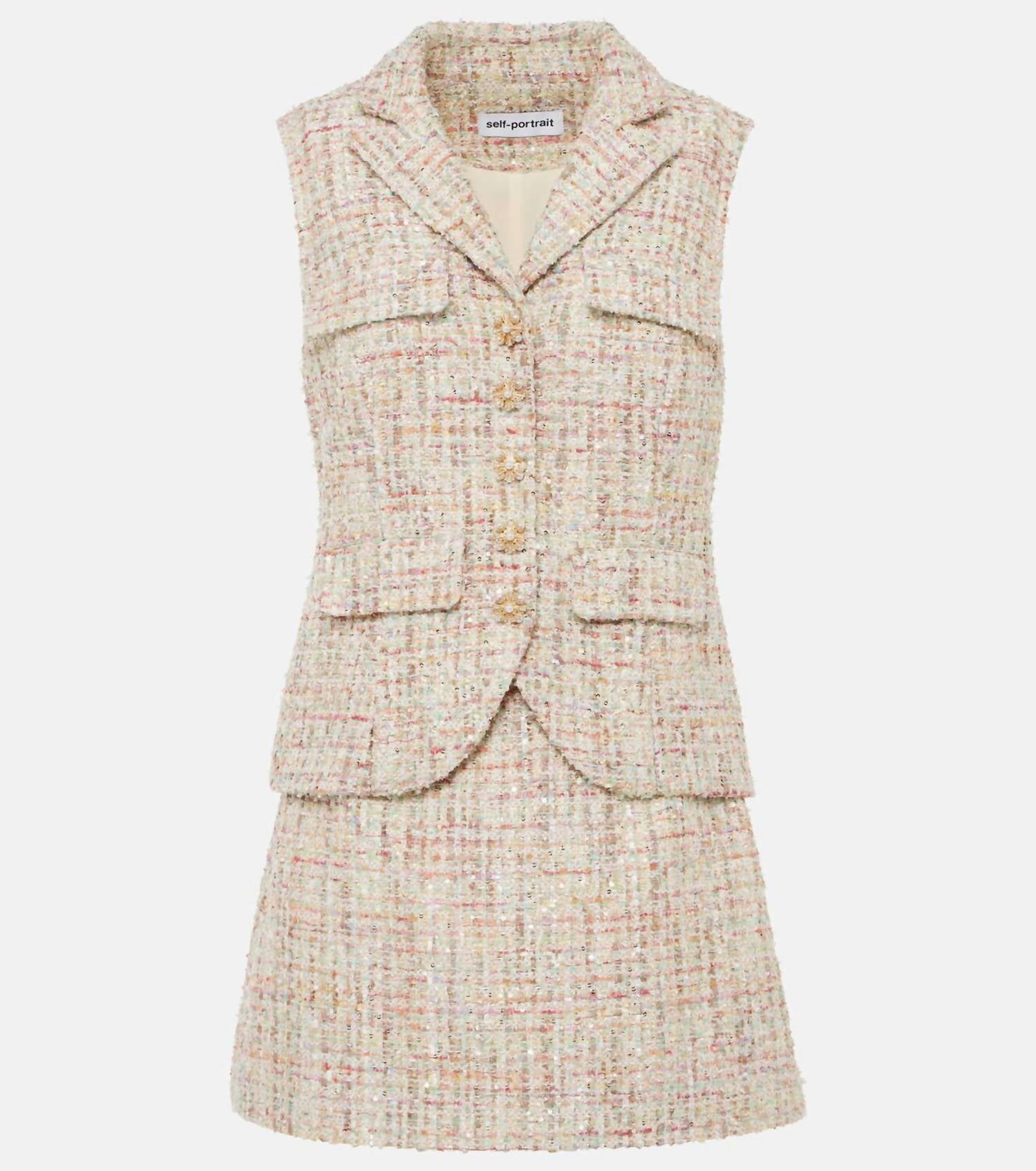 self-portrait Embellished Bouclé A-line Mini Dress in cream - women's dress - view 6