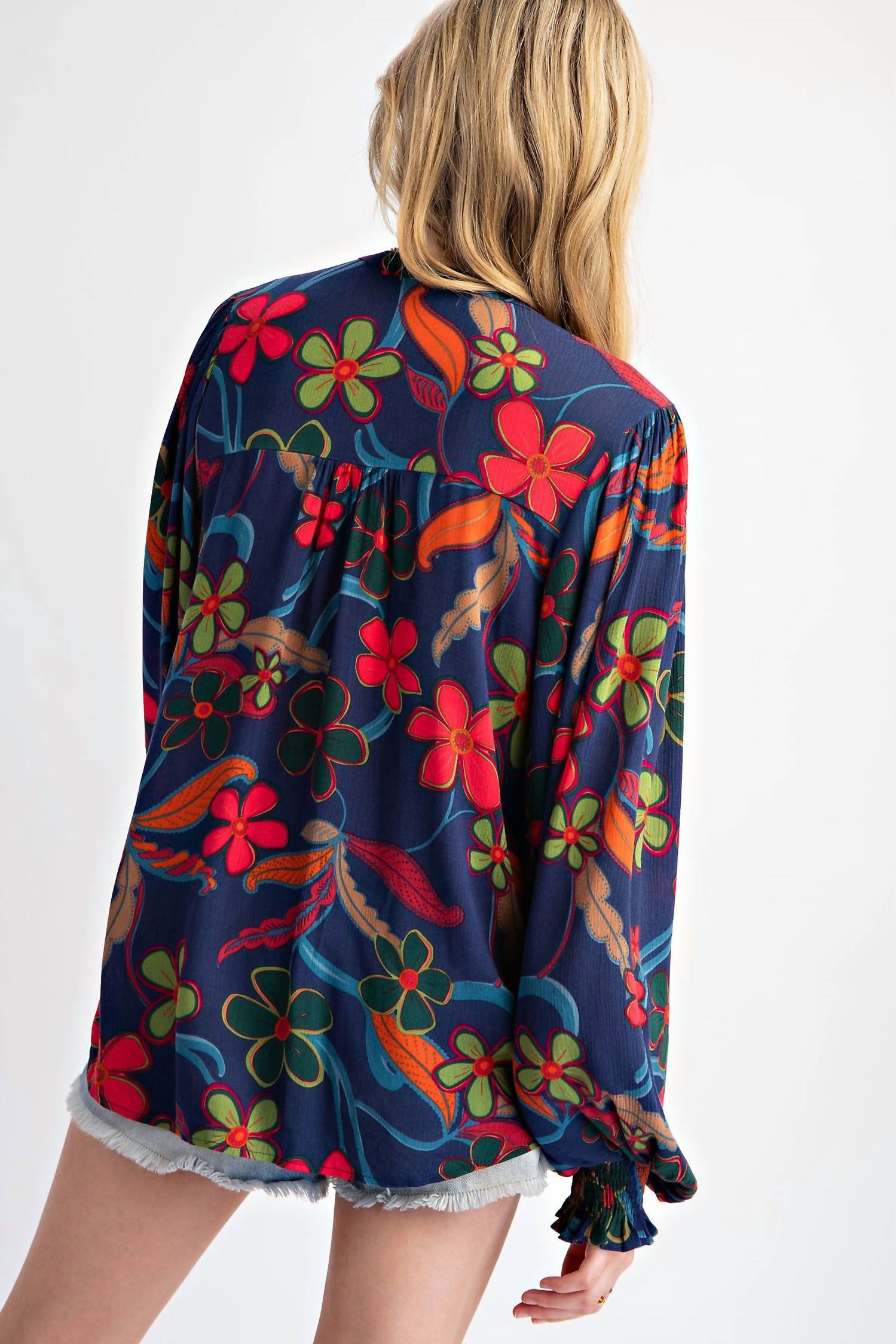 Easel Peach Blossom Floral Gauze Top - Plus in navy - women's blouse - alternate view