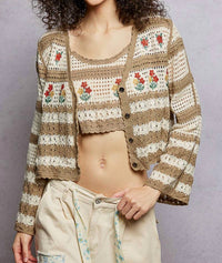 Pol - Sofia Floral Embroidery Crochet Striped Sweater