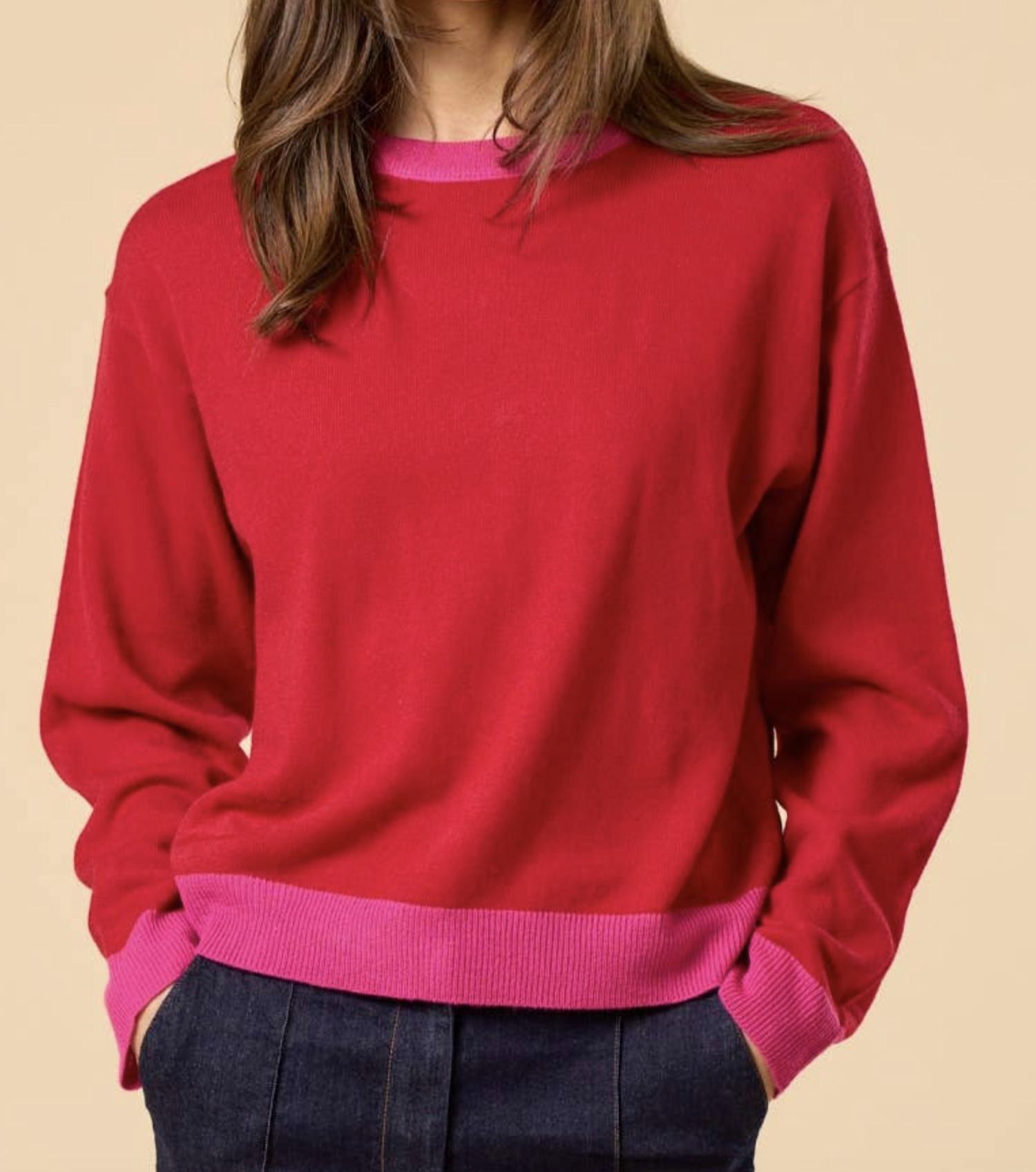 lalavon Two Tone Trim Sweater in red - women's sweater