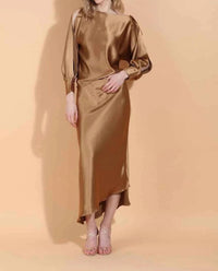 Jessie Liu - Asymmetrical Hem Satin Slip Midi Skirt