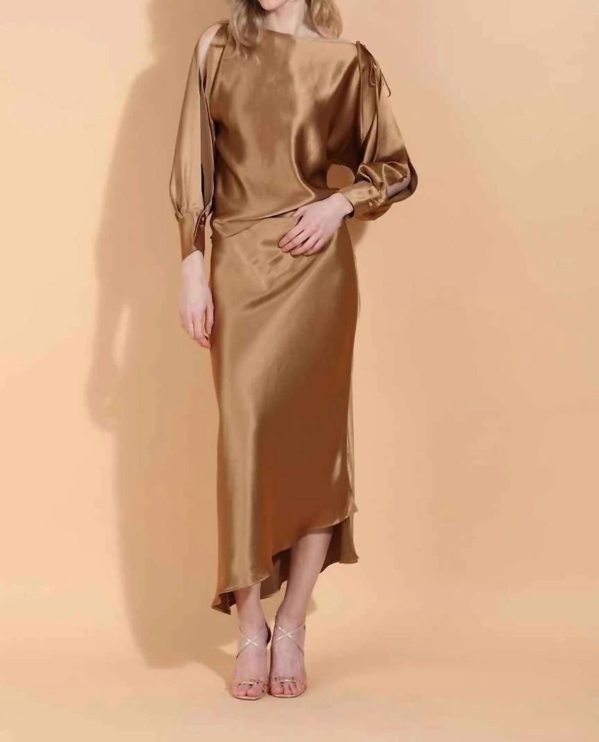Jessie Liu - Asymmetrical Hem Satin Slip Midi Skirt