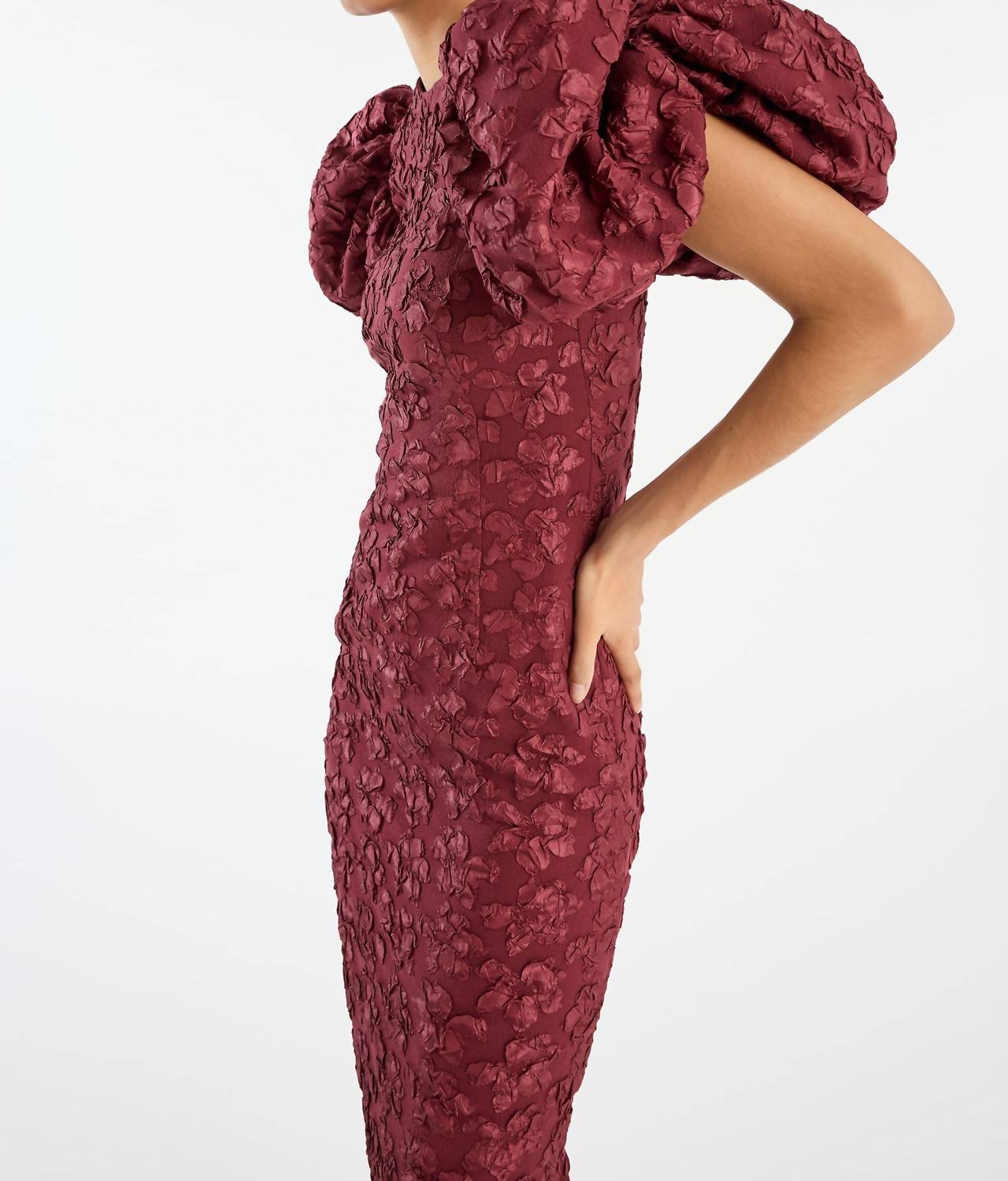ROTATE Jacquard Midi Puffy Dress in zinfandel - women's dress - alternate view