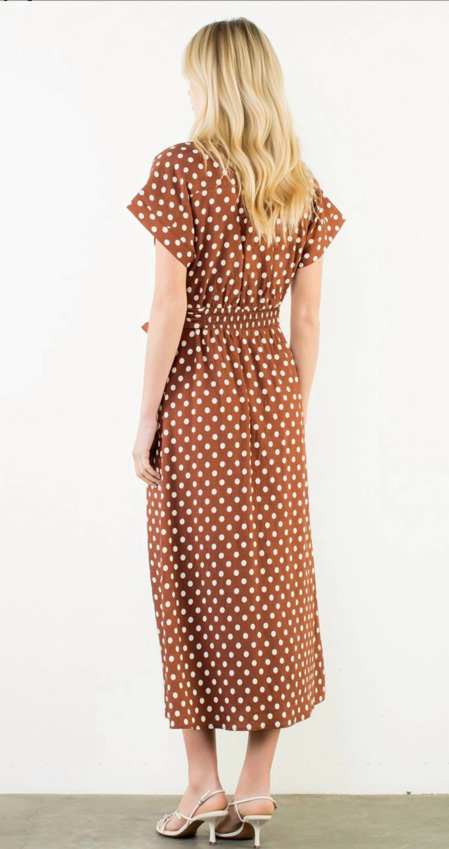 THML Short Sleeve Polka Dot Midi Dress in brown - women's dress - alternate view