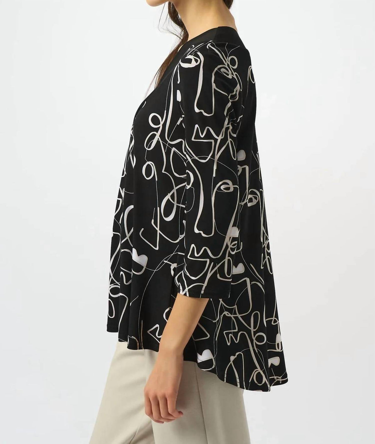Joseph Ribkoff - Face Print V-neck 3/4 Sleeves Asymmetric Top