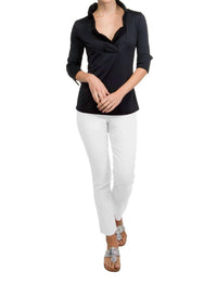 GRETCHEN SCOTT Jersey Ruffleneck 3/4 Sleeve Top in black - women's long sleeve top