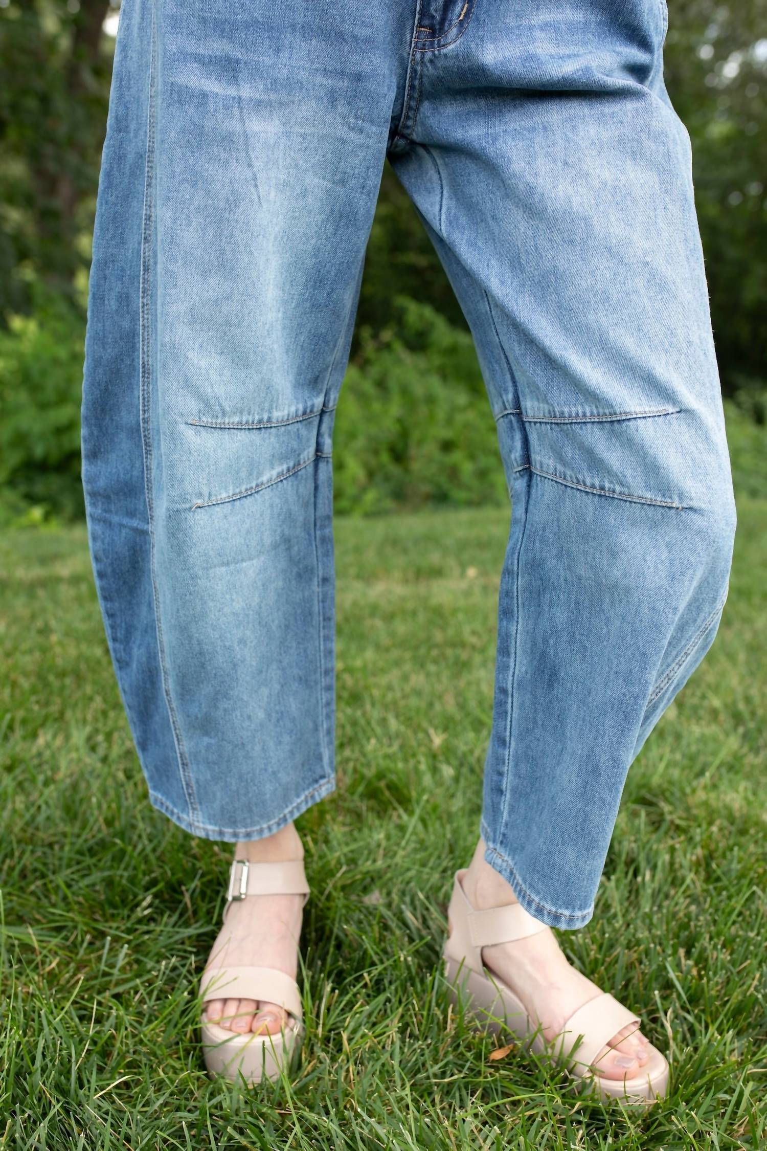 LOV MOR Wide Leg Barrel Denim Jeans in medium blue - women's pants - detail view
