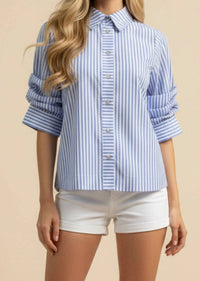 Pinch - Ruched Sleeve Striped Button Down Shirt