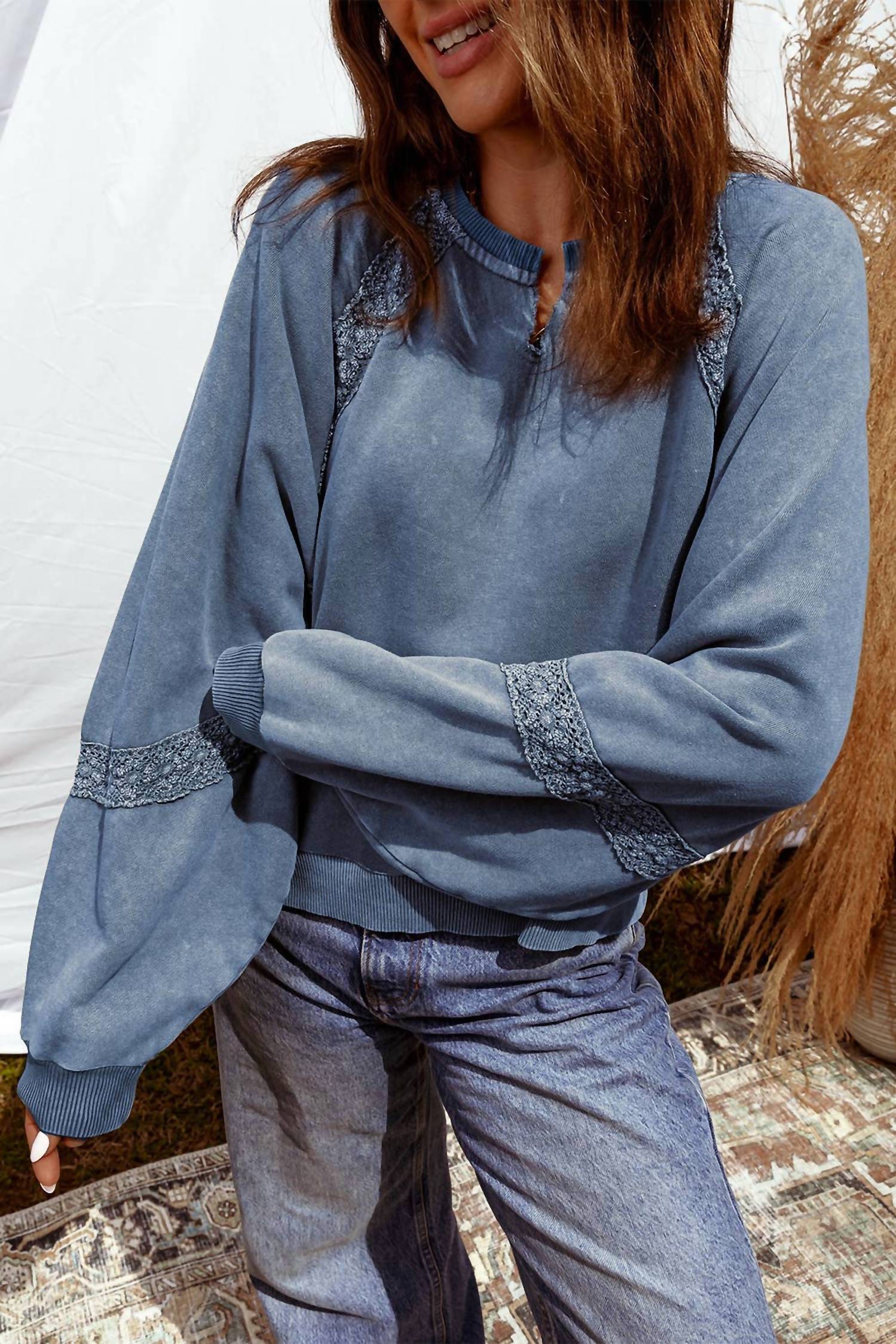 Hazel Blues - Lace Patchwork Mineral Wash Sweatshirt