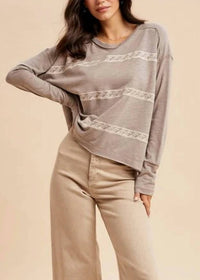 In-Loom - Floral Embroidery Striped Tee Shirt