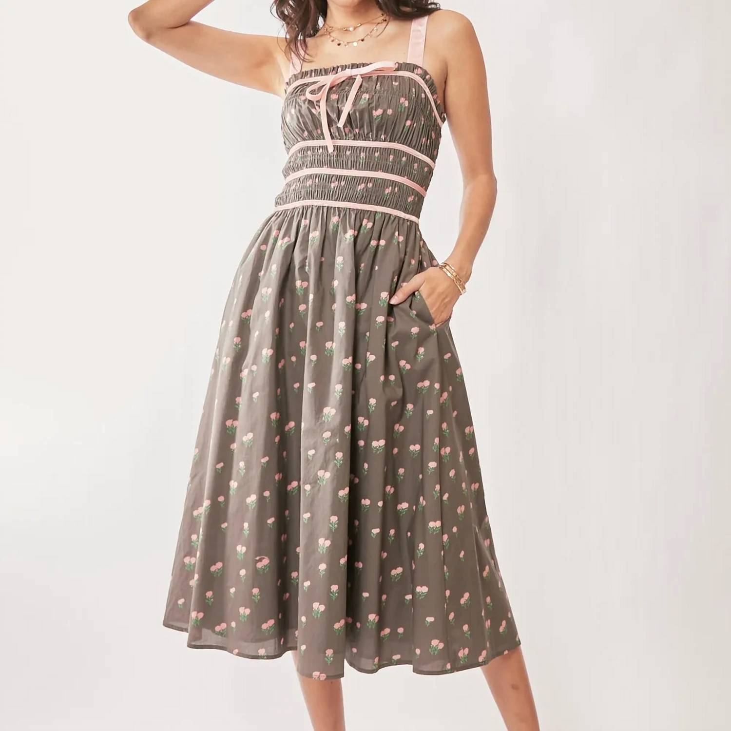 Davi & Dani - Contrast Velvet Tape Smocking Bodice Midi Dress