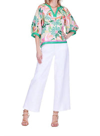 Joy Joy Stitch Trim V-neck Top in patchwork green - women's blouse