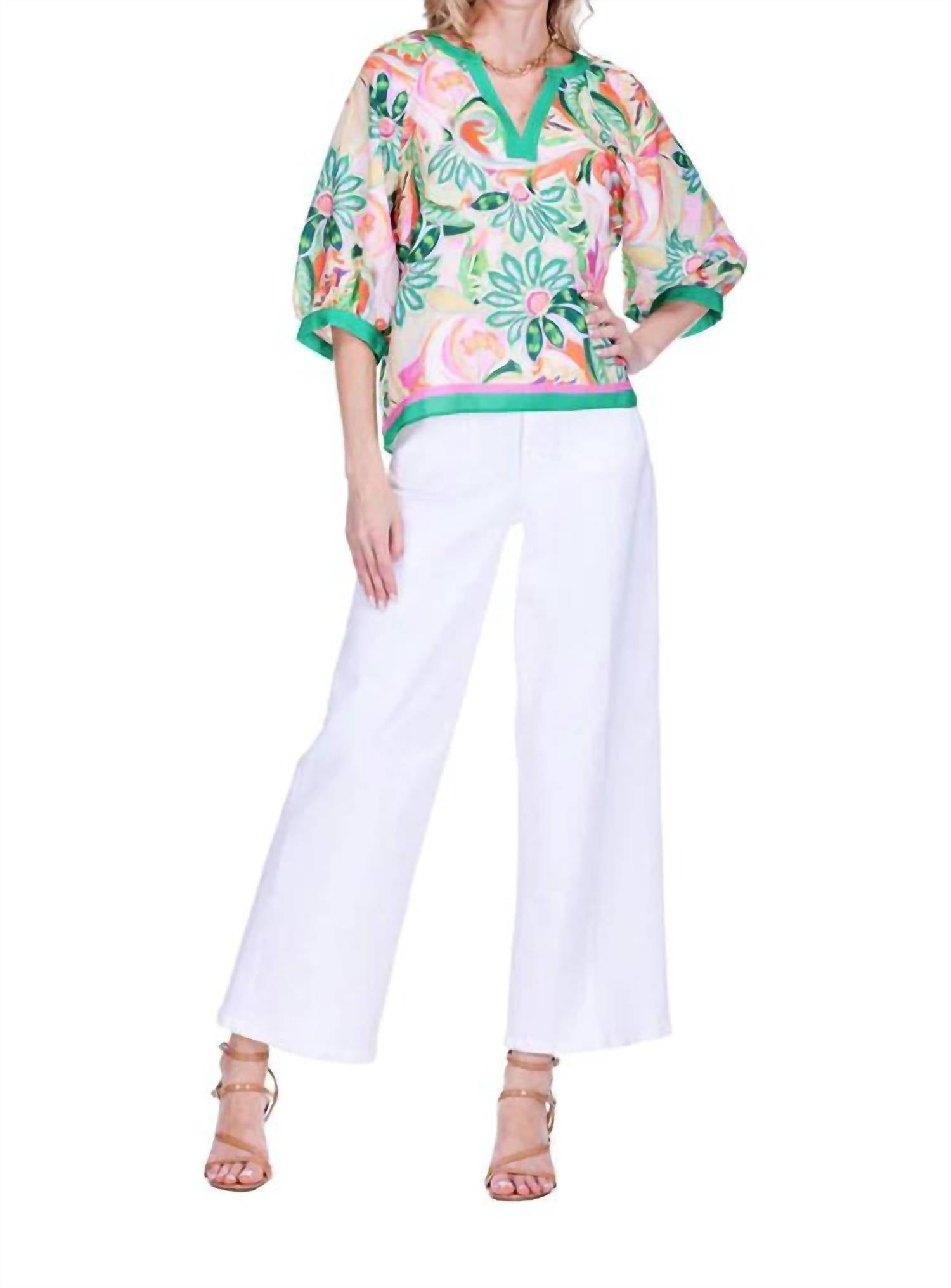 Joy Joy Stitch Trim V-neck Top in patchwork green - women's blouse