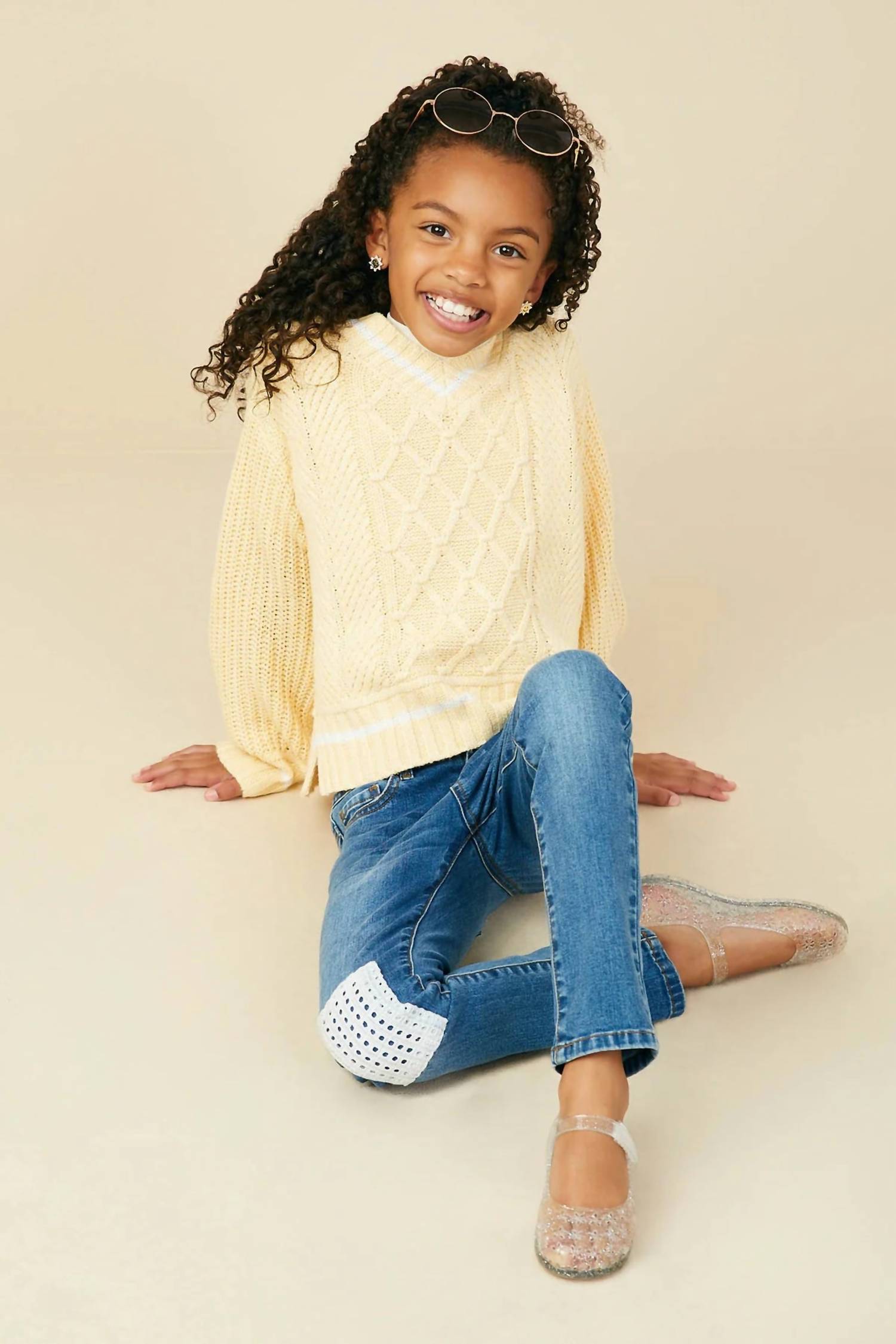 Hayden Girls Girl's Textured Pattern Sweater in yellow - kids' sweater - alternate view