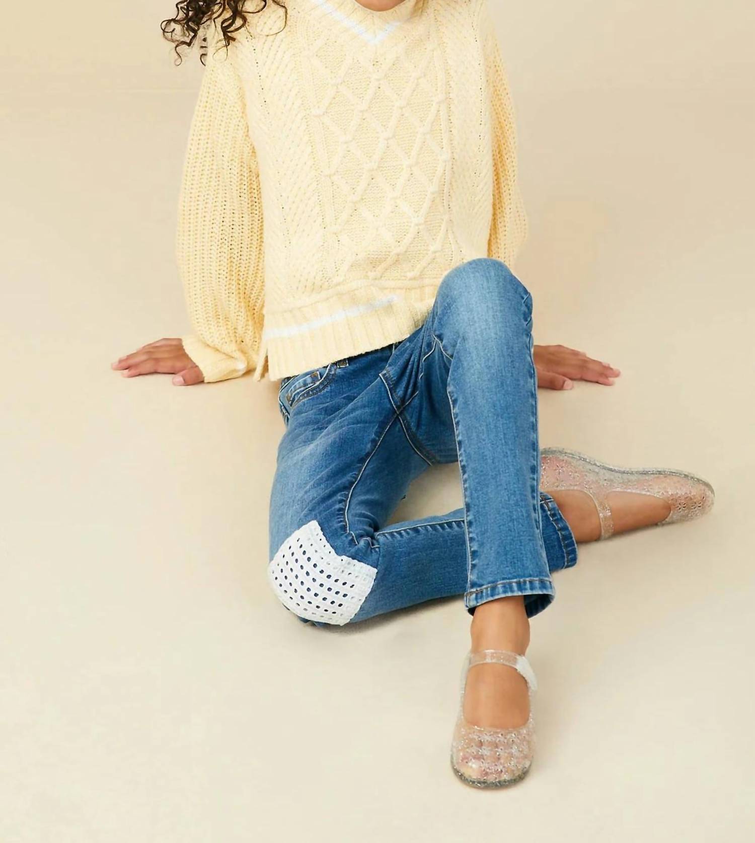 Hayden Girls Girl's Textured Pattern Sweater in yellow - kids' sweater - detail view