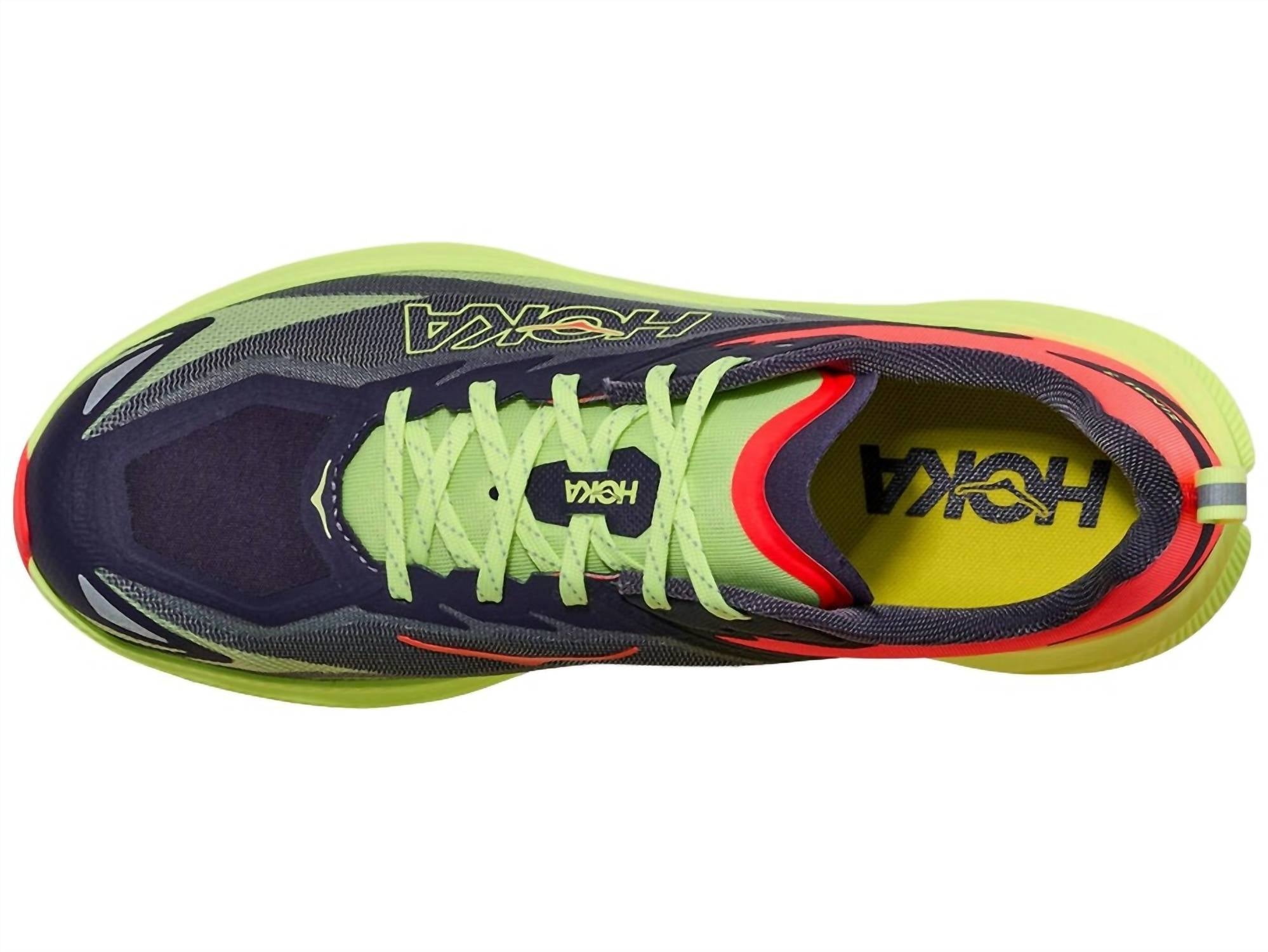 Hoka Men's Zinal 3 Shoe in black orange neon green - men's sneaker - detail view