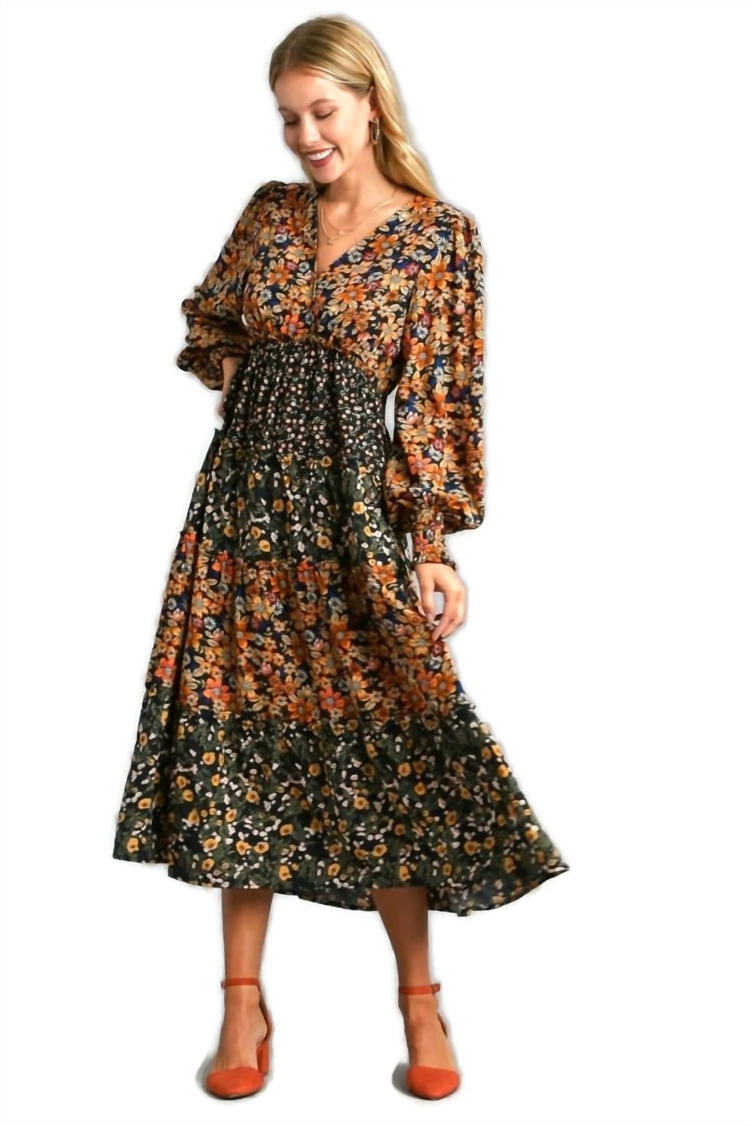 Umgee - Mixed Floral Print Midi Dress