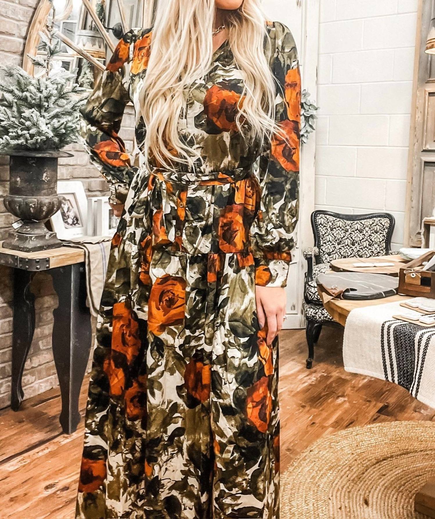 SKIES ARE BLUE Abstract Rose Midi Dress - Plus in rust olive - women's dress - detail view